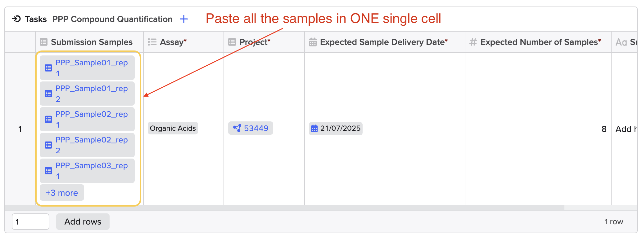 Paste samples in one cell