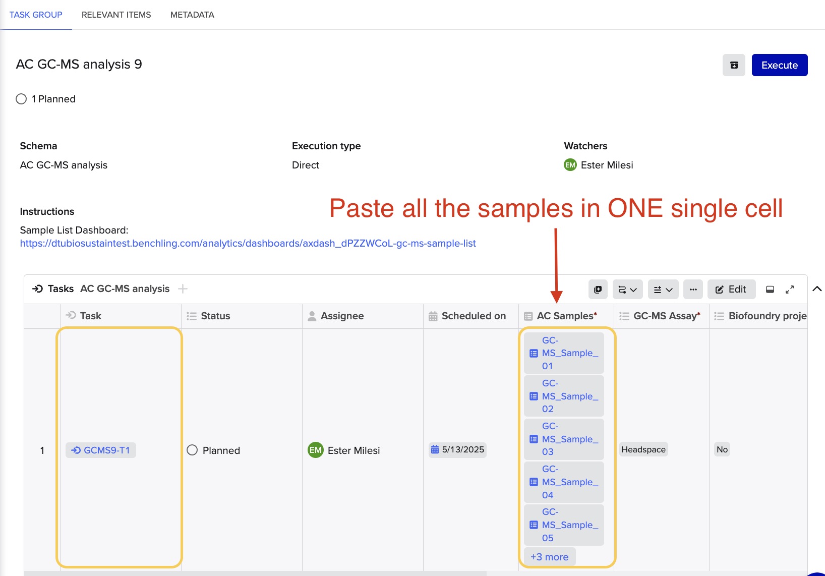 Paste samples in one cell
