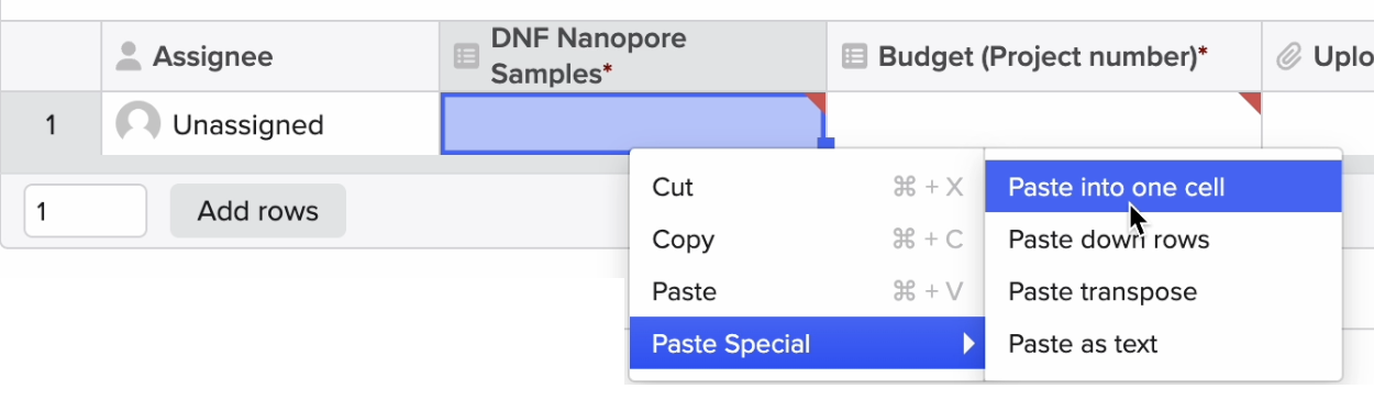 Use Paste Special to paste all samples in one cell