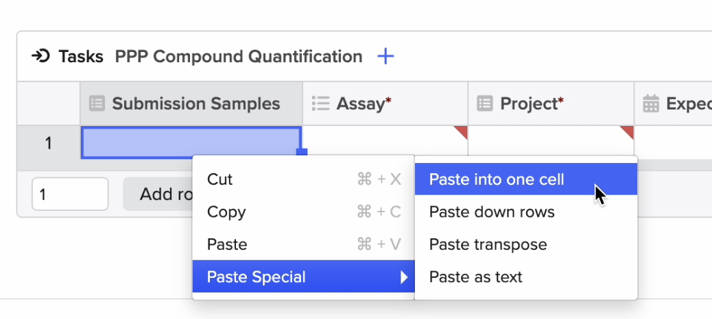 Use Paste Special to paste all samples in one cell