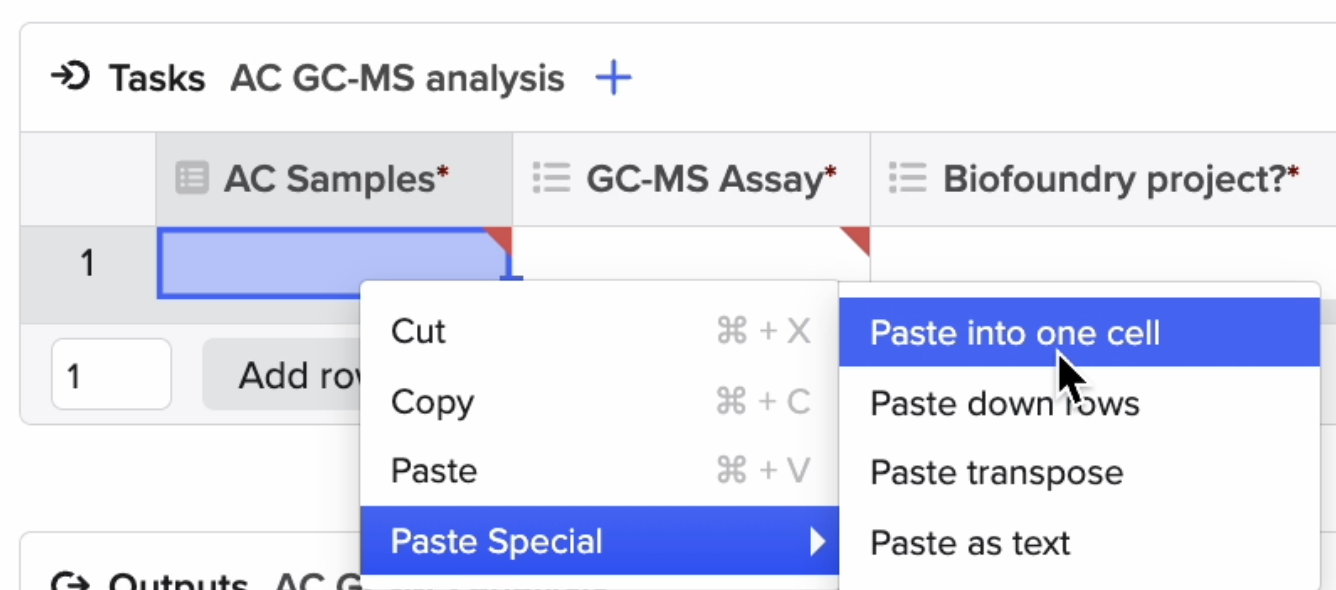 Use Paste Special to paste all samples in one cell
