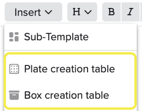 Box/Plate creation table